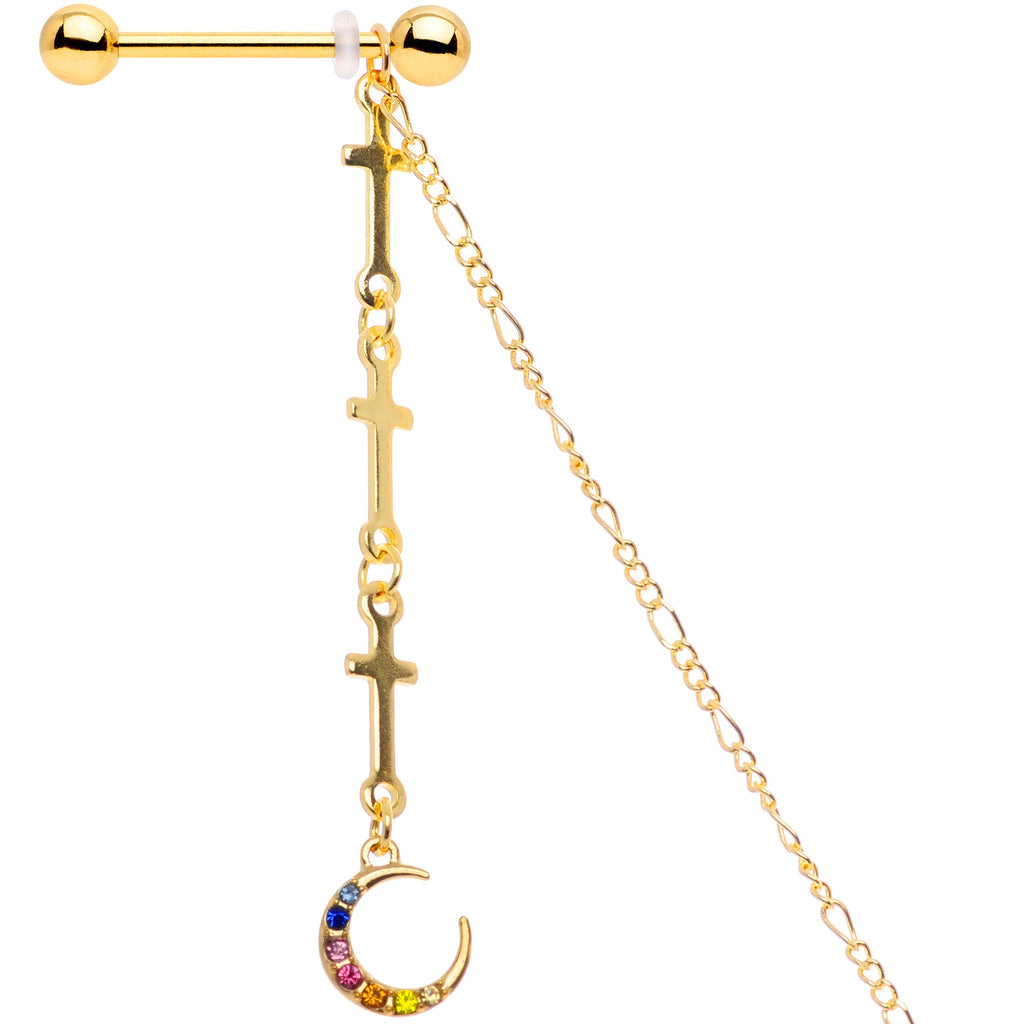 14G 9/16 Blue Pink Gem Gold Tone Moon Cross Dangle Nipple Chain
