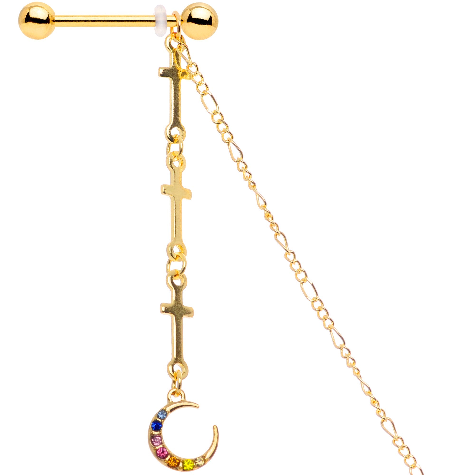14G 9/16 Blue Pink Gem Gold Tone Moon Cross Dangle Nipple Chain