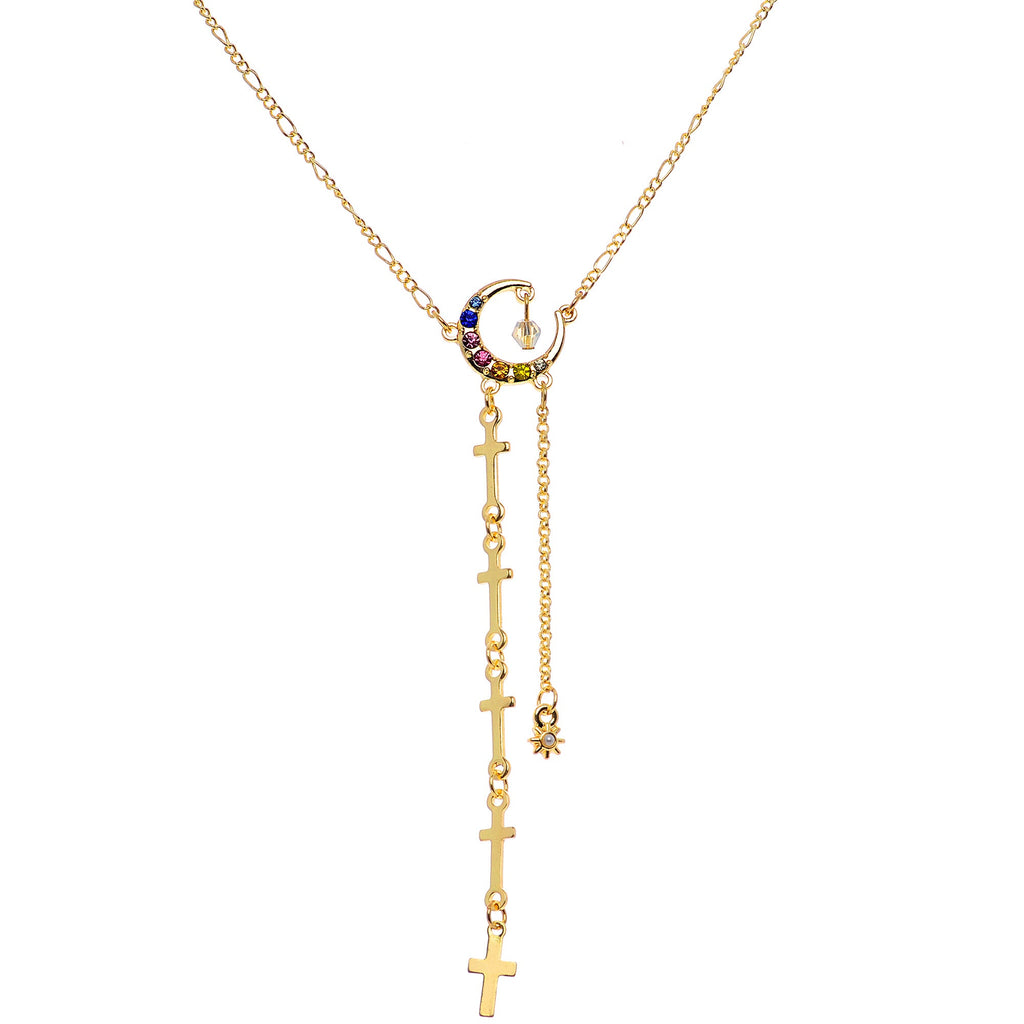 14G 9/16 Blue Pink Gem Gold Tone Moon Cross Dangle Nipple Chain