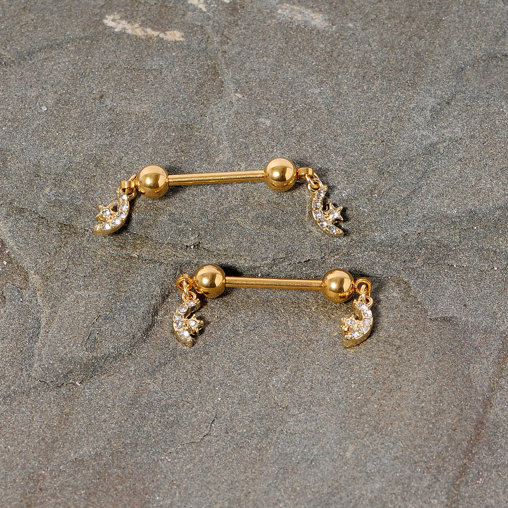 14G 9/16 Clear Gem Gold Tone Moon Dangle Barbell Nipple Ring Set