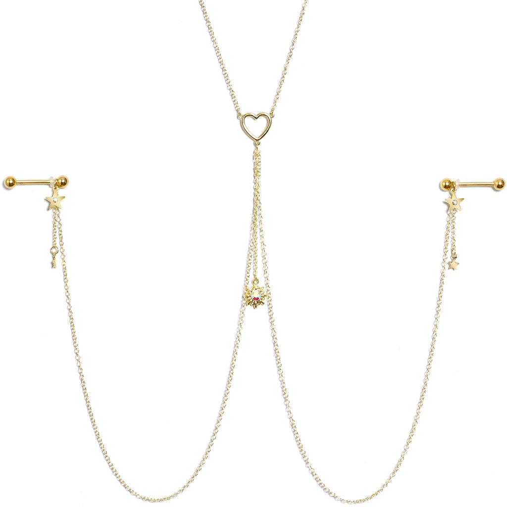 14G 5/8 Aurora Gem Gold Tone Sun Heart Star Nipple Chain Necklace