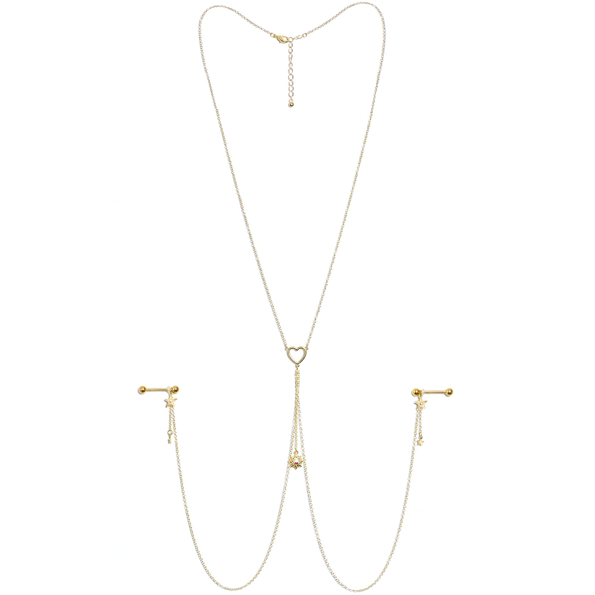 14G 5/8 Aurora Gem Gold Tone Sun Heart Star Nipple Chain Necklace