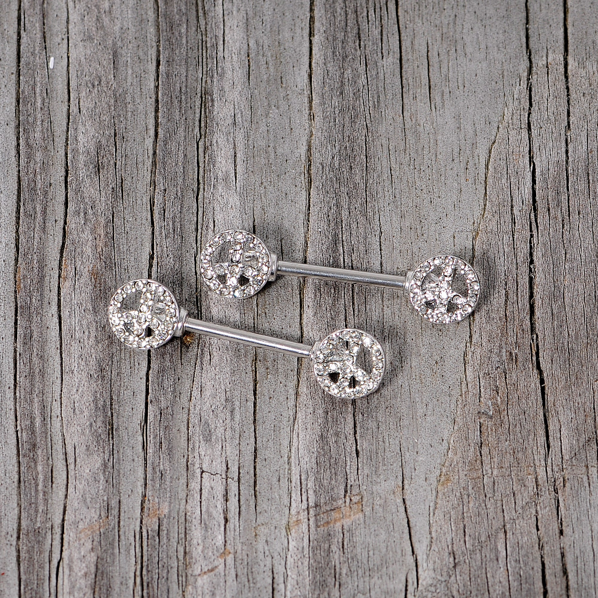 14G 9/16 Clear Gem Retro Peace Sign Barbell Nipple Ring Set