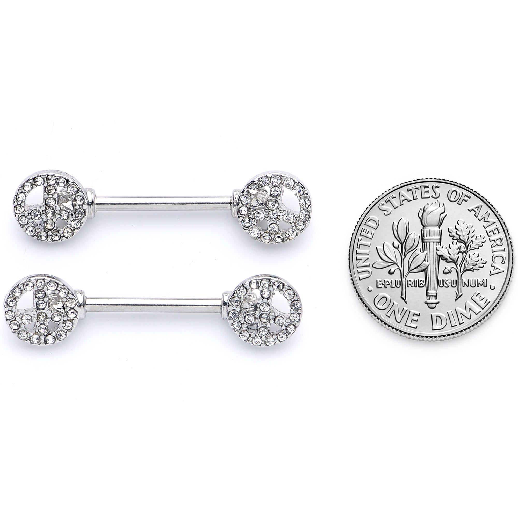 14G 9/16 Clear Gem Retro Peace Sign Barbell Nipple Ring Set