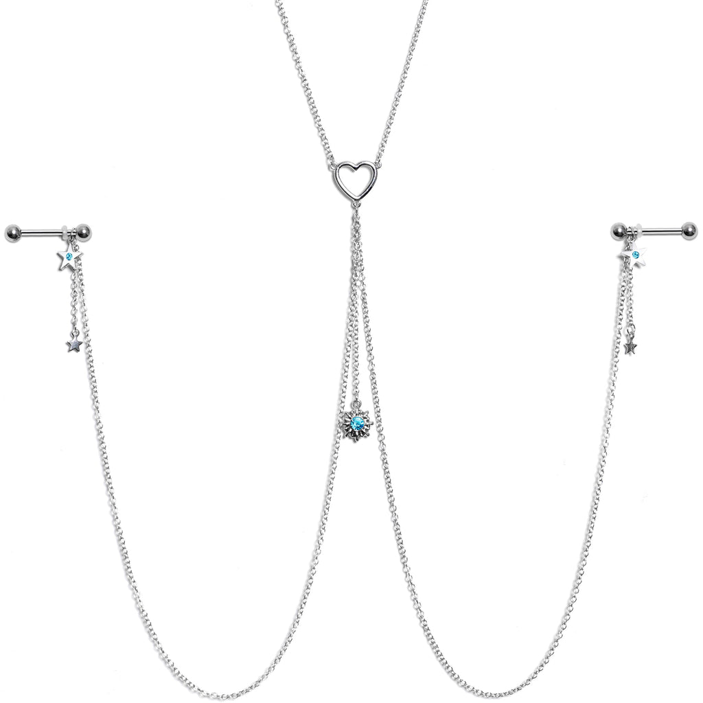 14G 5/8 Blue Gem Sun Heart Star Nipple Chain Necklace