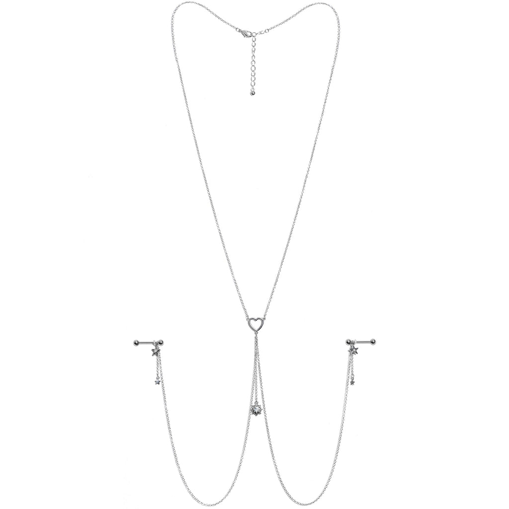 14G 5/8 Clear Gem Sun Heart Star Nipple Chain Necklace