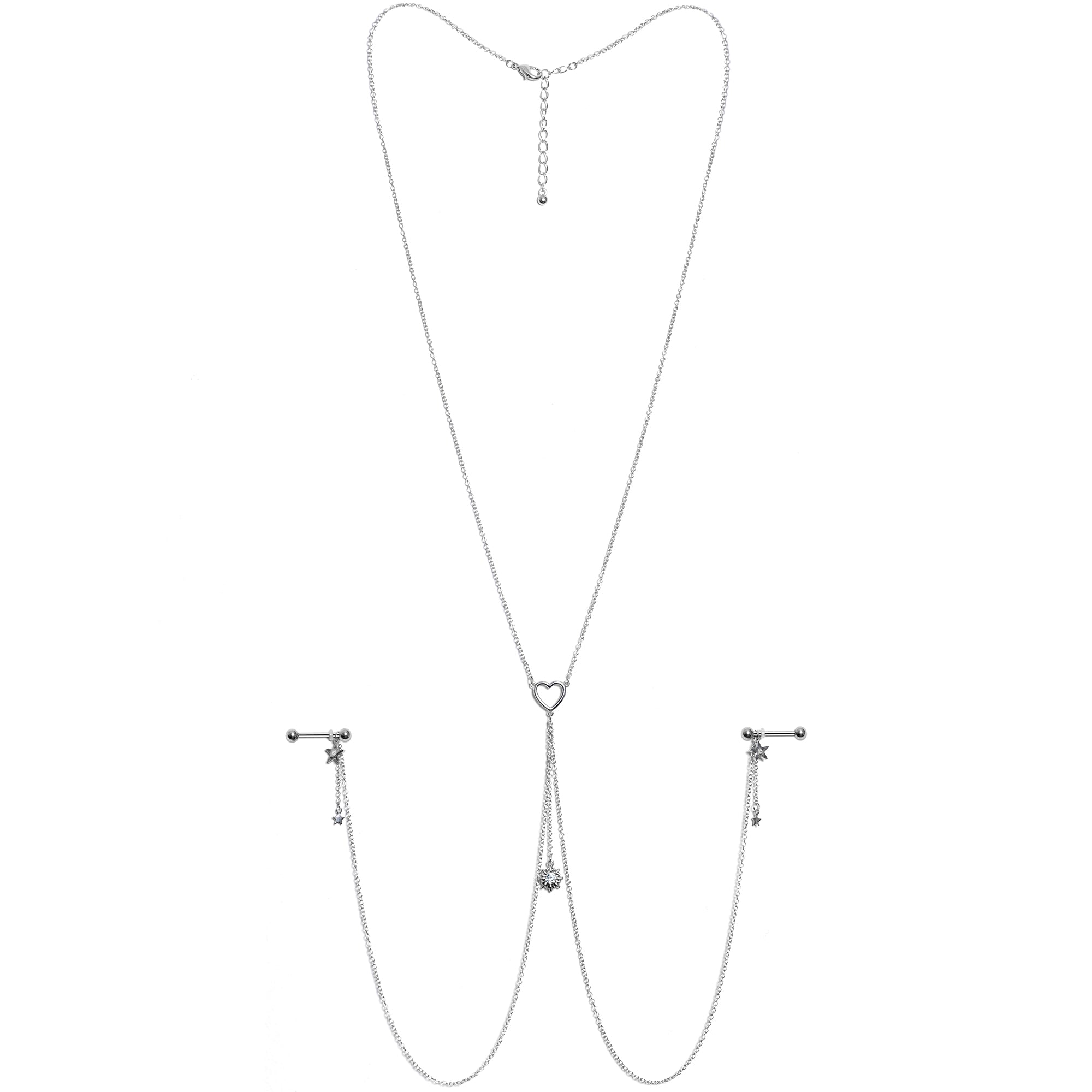 14G 5/8 Clear Gem Sun Heart Star Nipple Chain Necklace