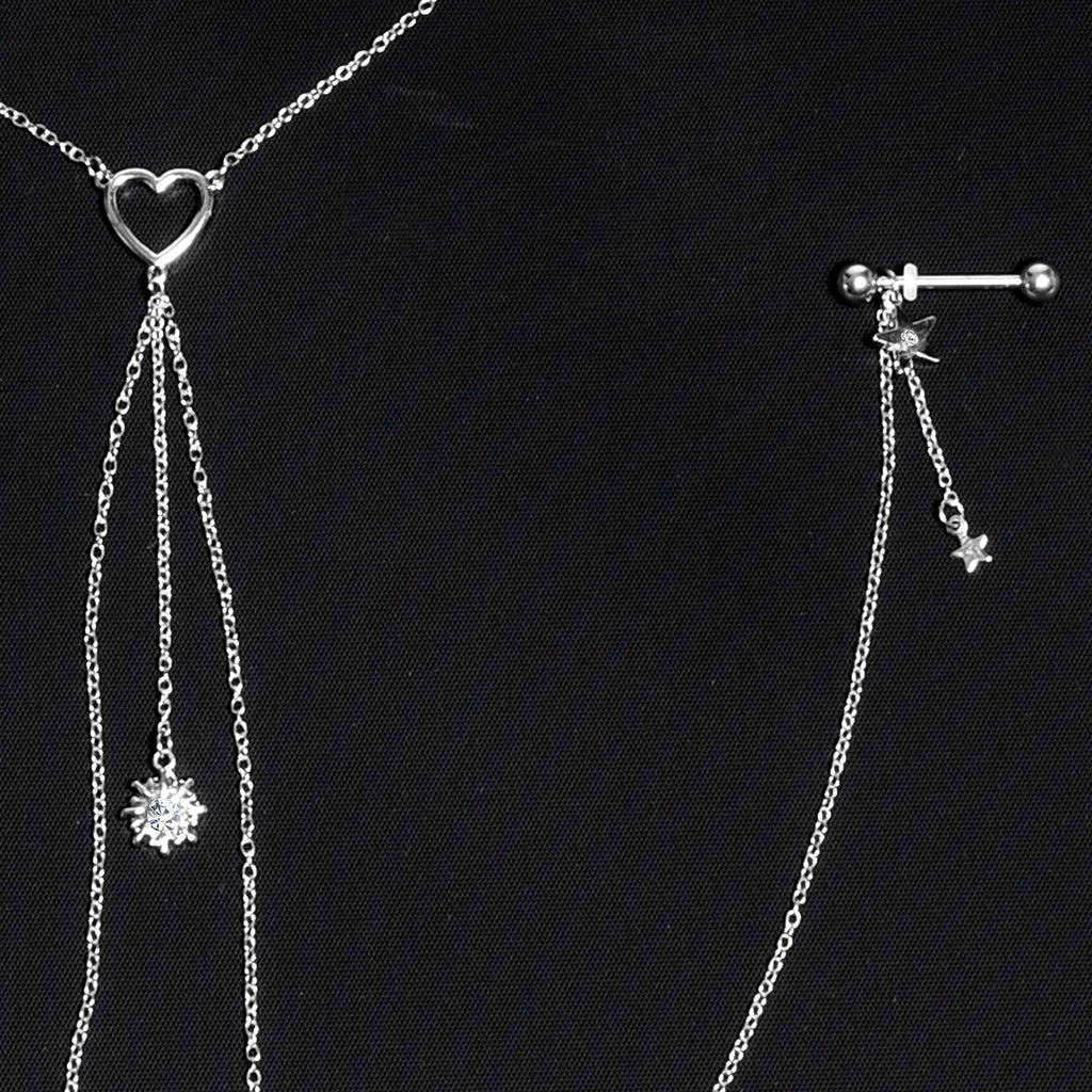 14G 5/8 Clear Gem Sun Heart Star Nipple Chain Necklace