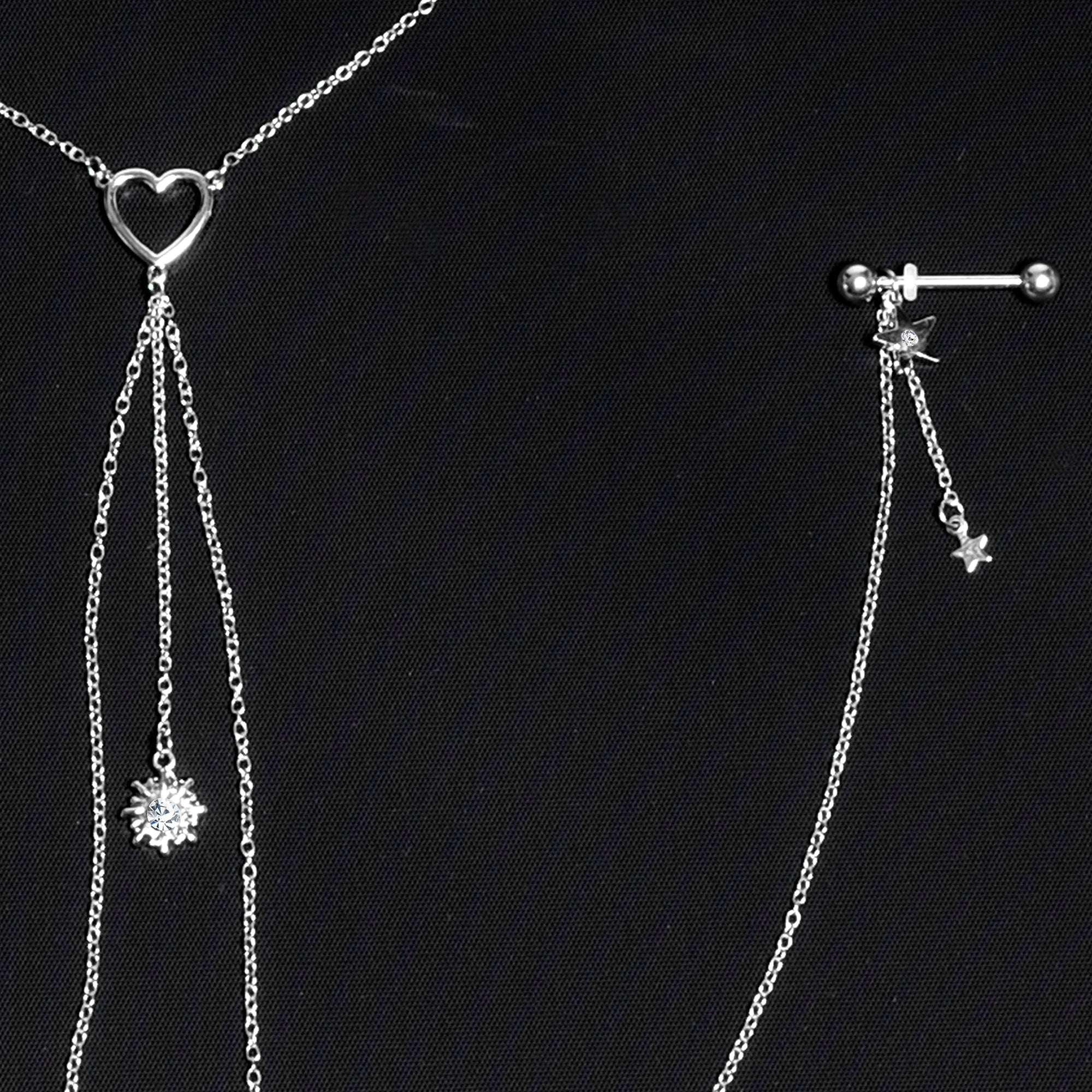 14G 5/8 Clear Gem Sun Heart Star Nipple Chain Necklace