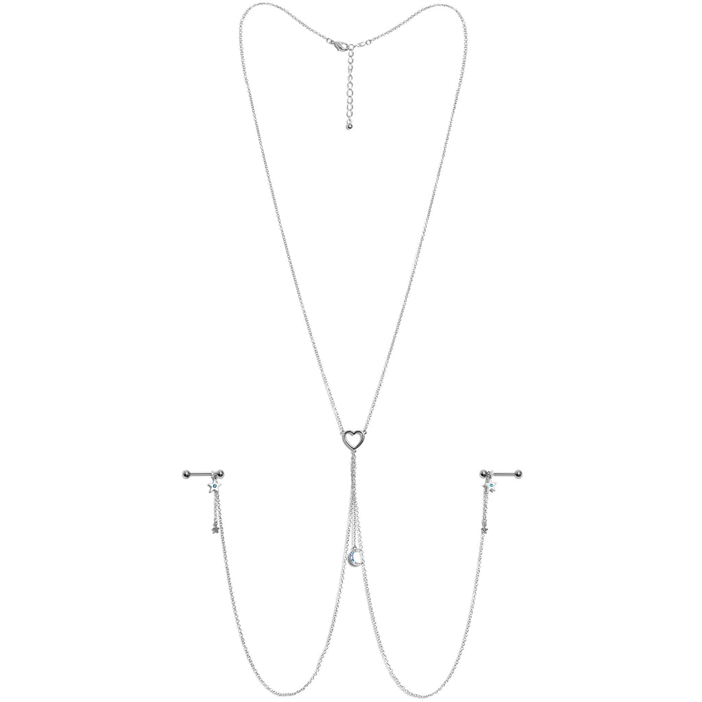 14G 5/8 Blue Gem Moon Heart Star Nipple Chain Necklace