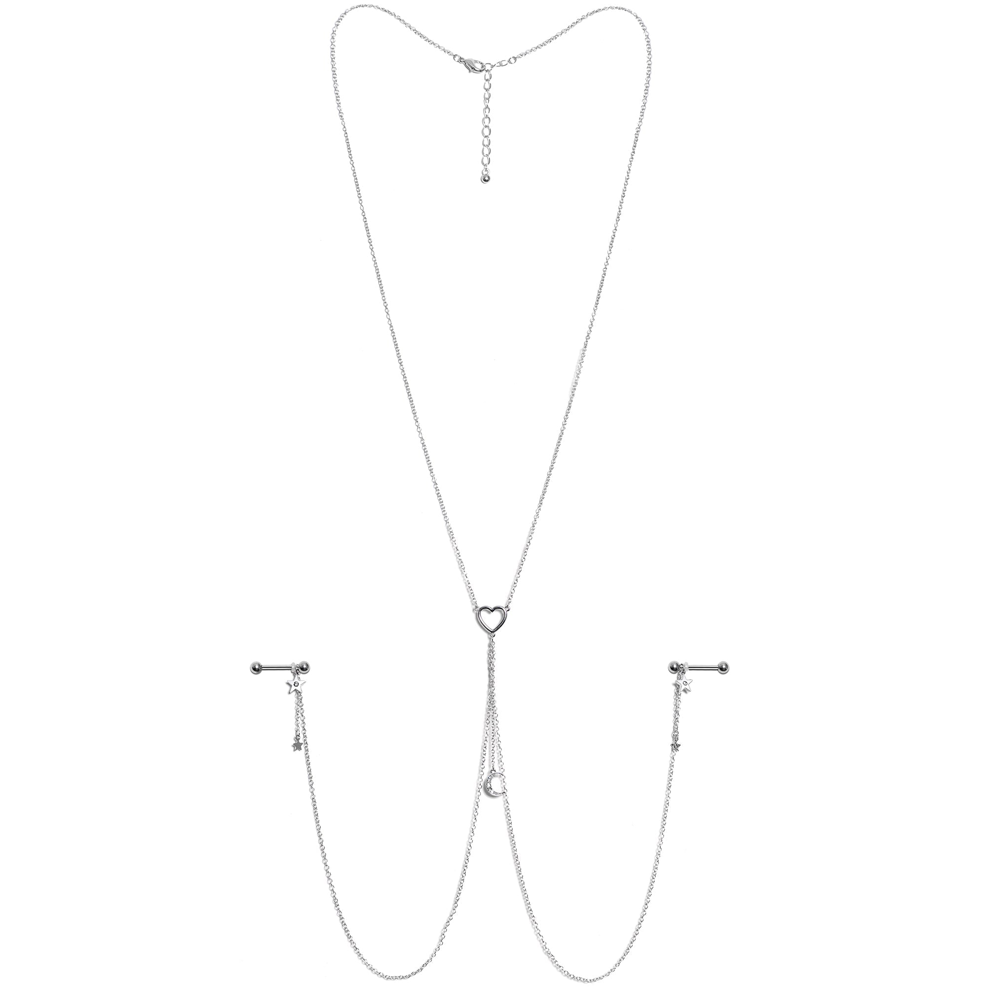 14G 5/8 Clear Gem Moon Heart Star Nipple Chain Necklace
