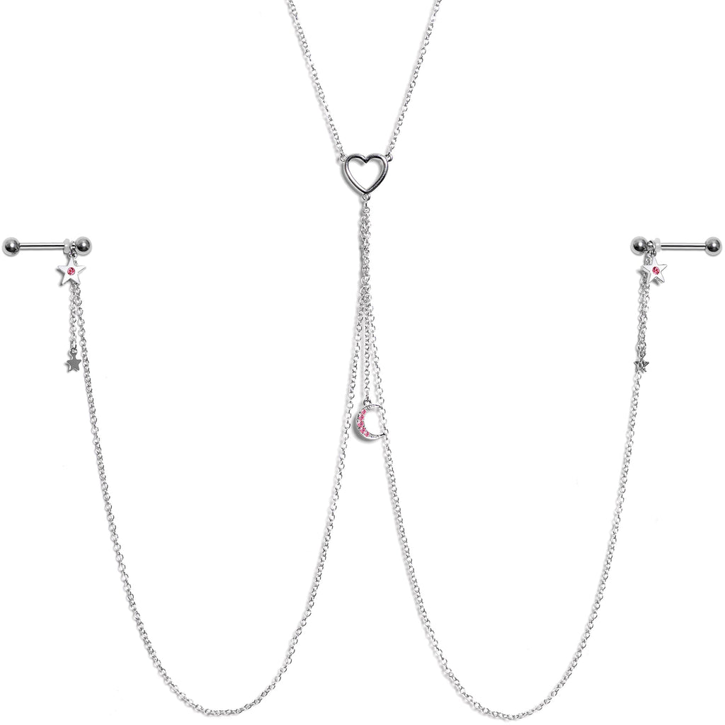 14G 5/8 Pink Gem Moon Heart Star Nipple Chain Necklace