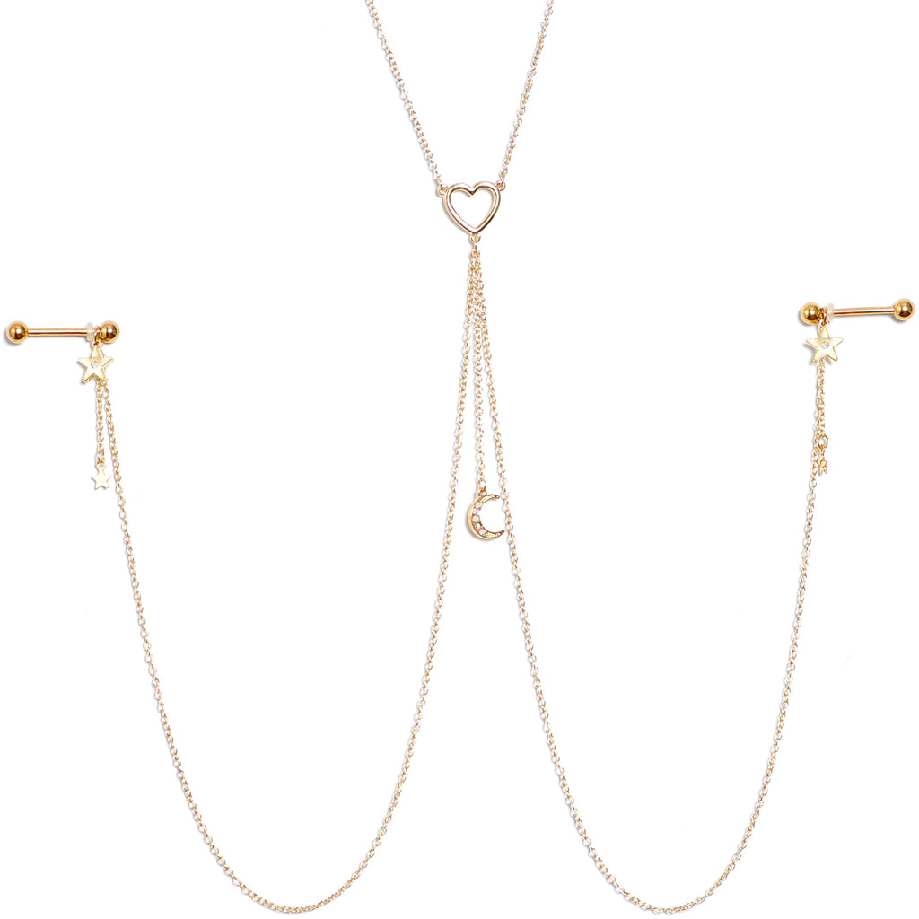 14G 5/8 Aurora Gem Gold Tone Heart Star Nipple Chain Necklace
