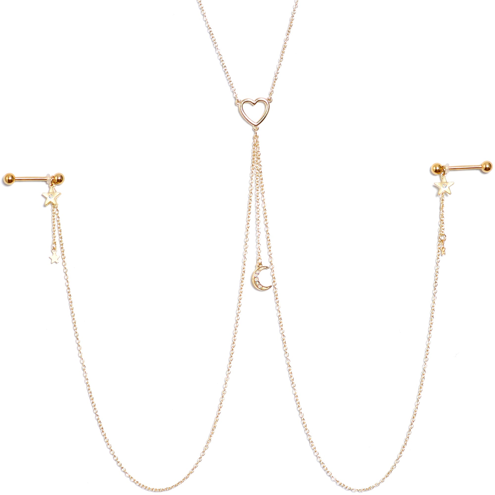 14G 5/8 Aurora Gem Gold Tone Heart Star Nipple Chain Necklace