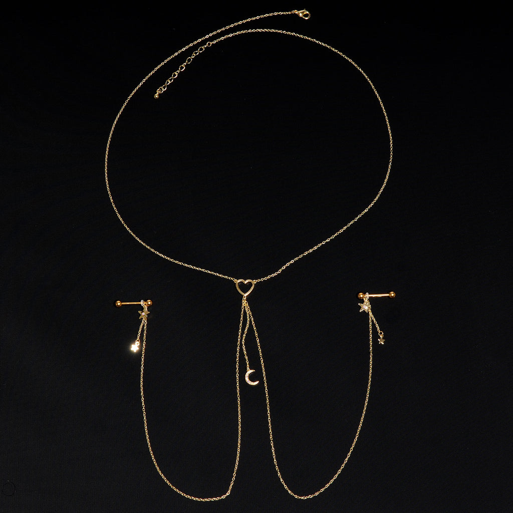 14G 5/8 Aurora Gem Gold Tone Heart Star Nipple Chain Necklace