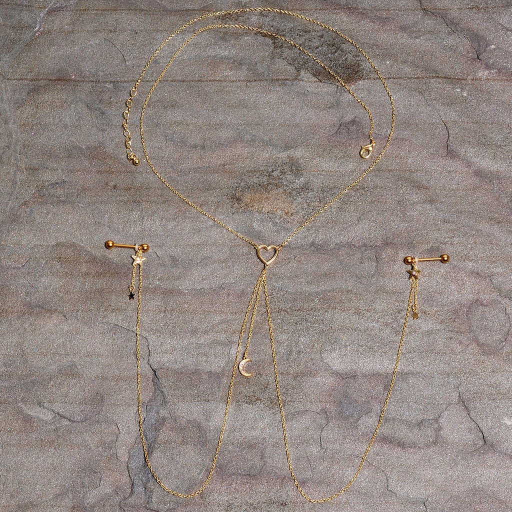 14G 5/8 Aurora Gem Gold Tone Heart Star Nipple Chain Necklace