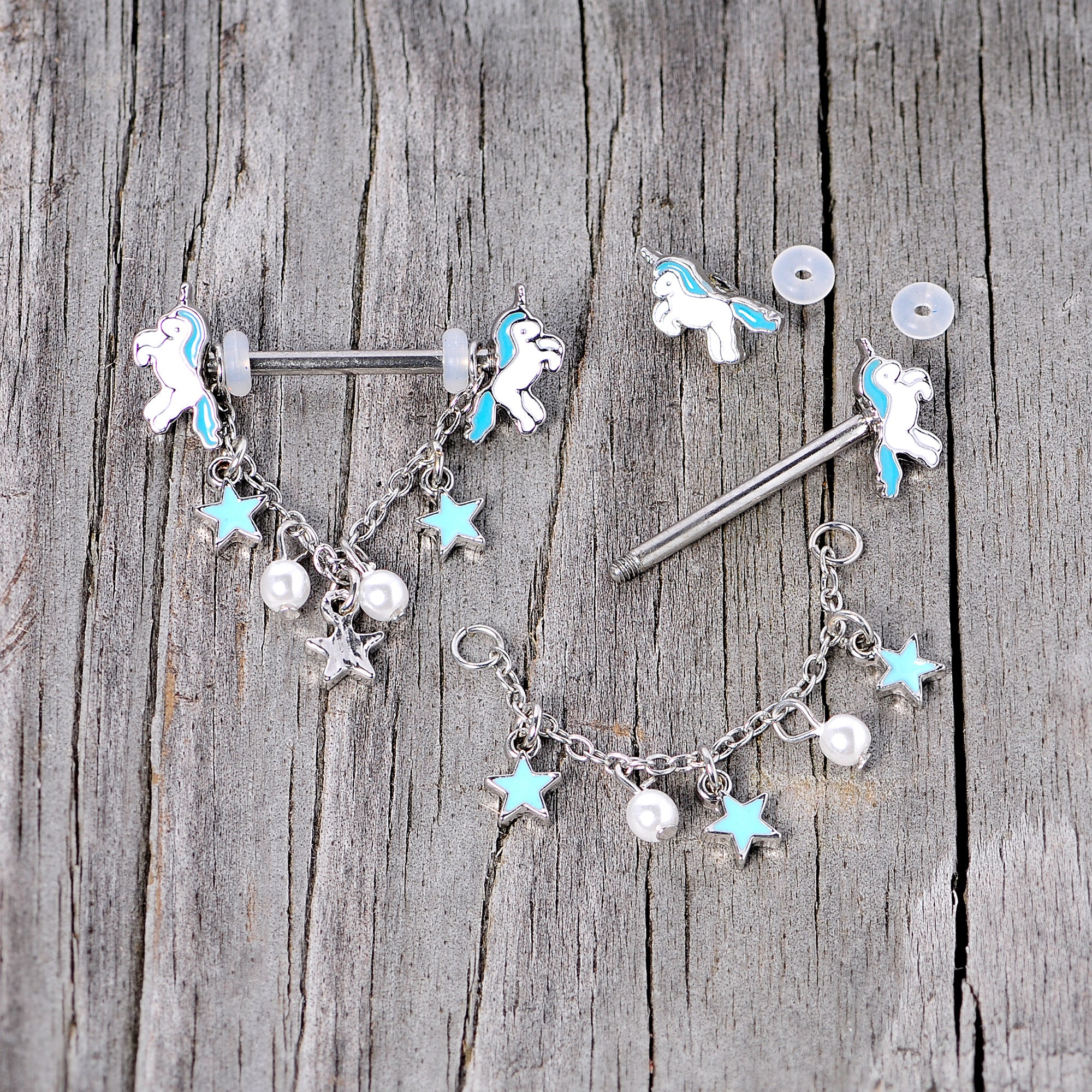14G 5/8 Blue White Unicorn Star Chain Dangle Nipple Ring Set