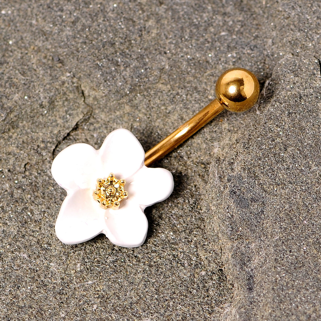 Gold Tone Spring Blossom Pretty White Flower Belly Ring