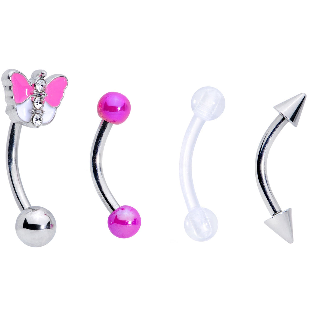 16G 5/16 Clear Gem Pink UV Butterfly Curved Eyebrow Ring Set of 4