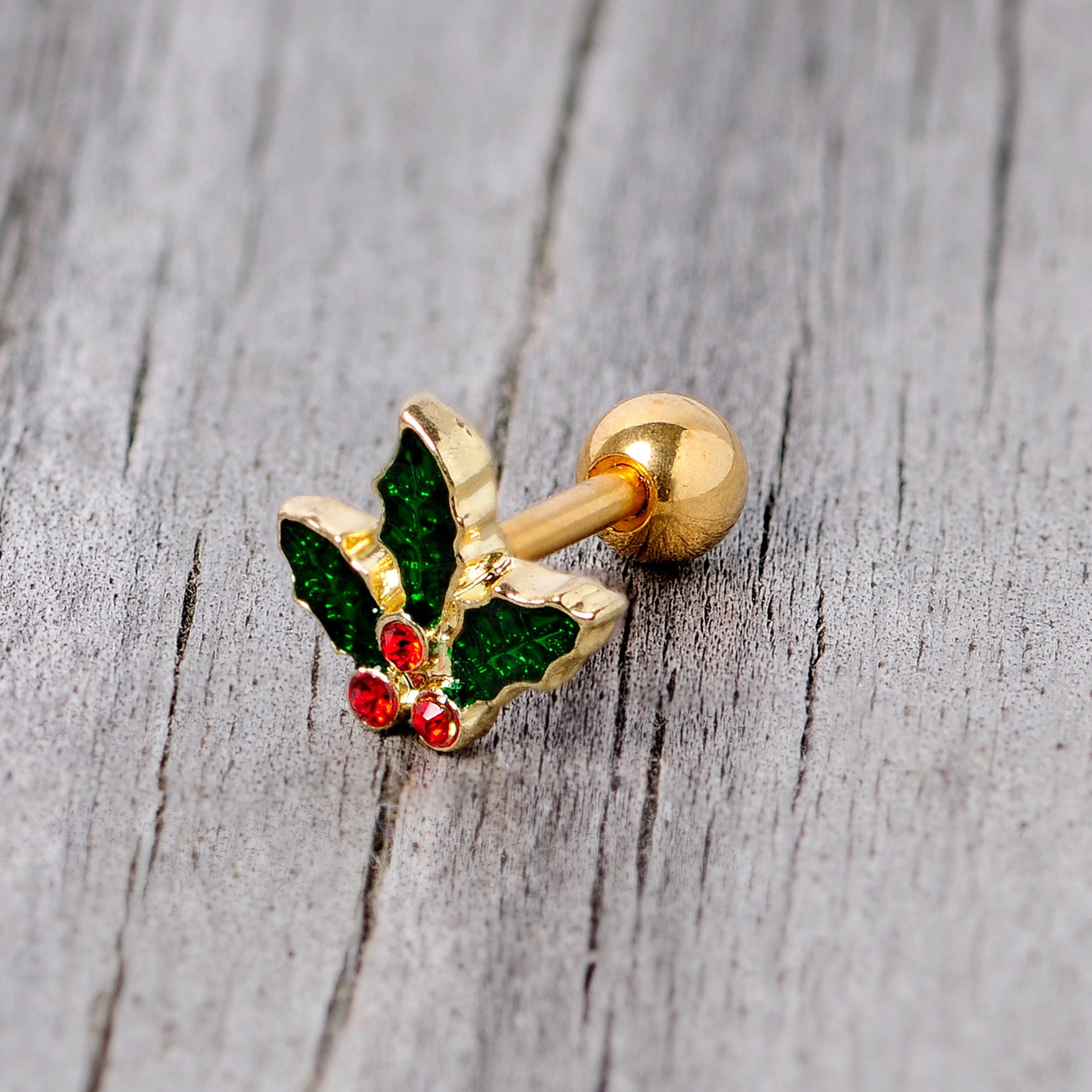 16G 1/4 Red Gem Gold Tone Mistletoe Christmas Cartilage Tragus