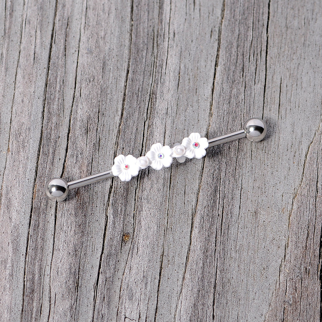 14G Aurora Gem White Flower Industrial Barbell 38mm