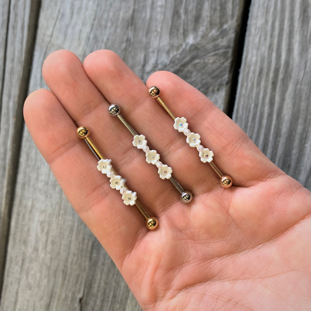 14G Aurora Gem White Flower Industrial Barbell 38mm