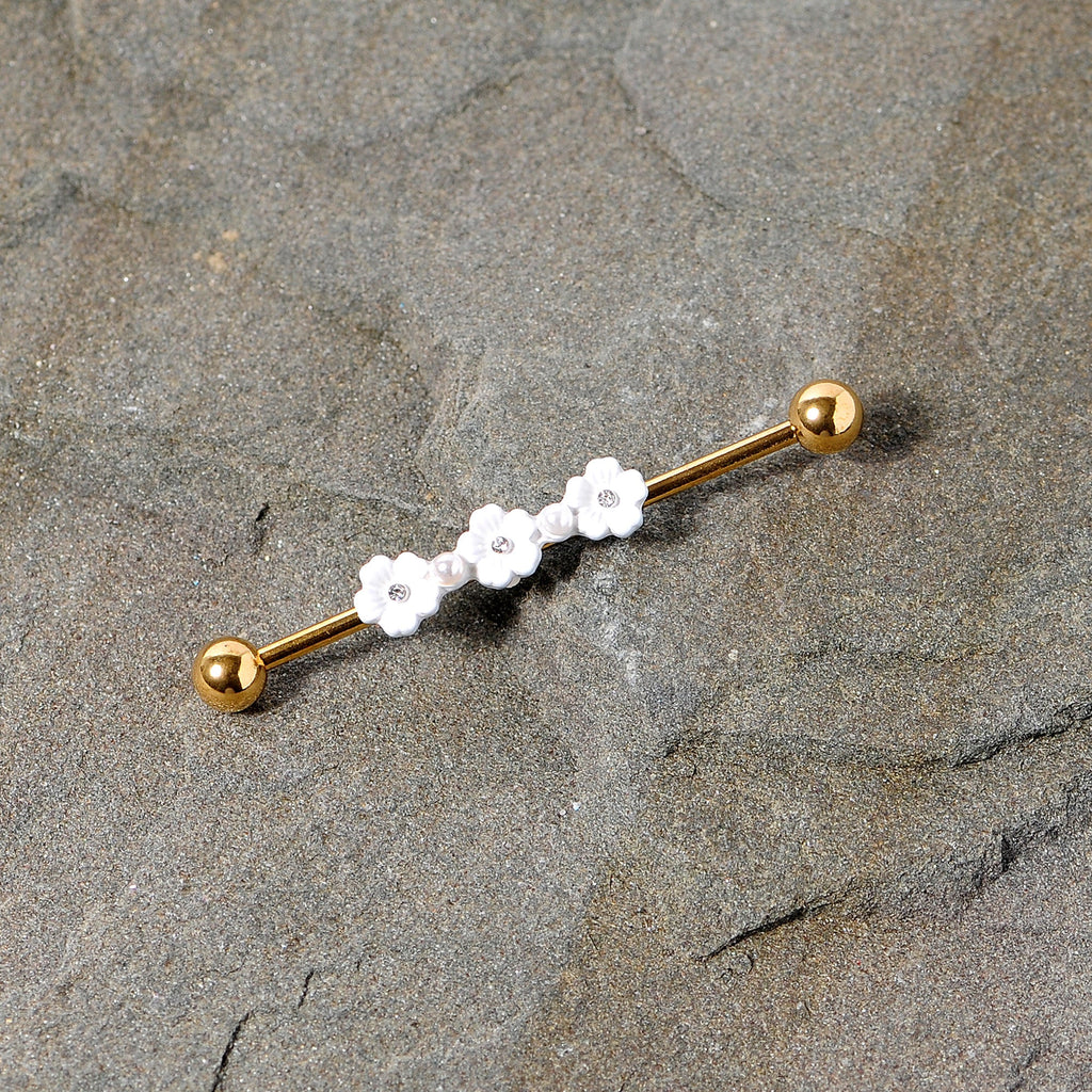 14G Aurora Gem Gold Tone Flower Industrial Barbell 38mm