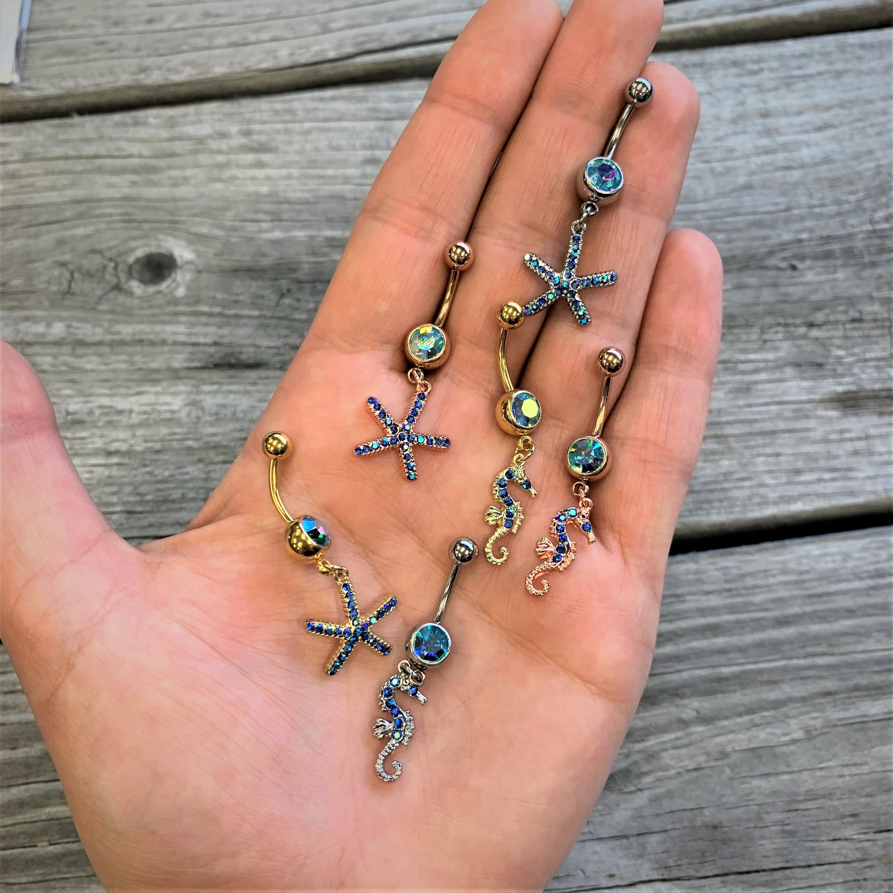Blue Gem Rose Gold Tone Starfish Seahorse Nautical Belly Ring Set of 2