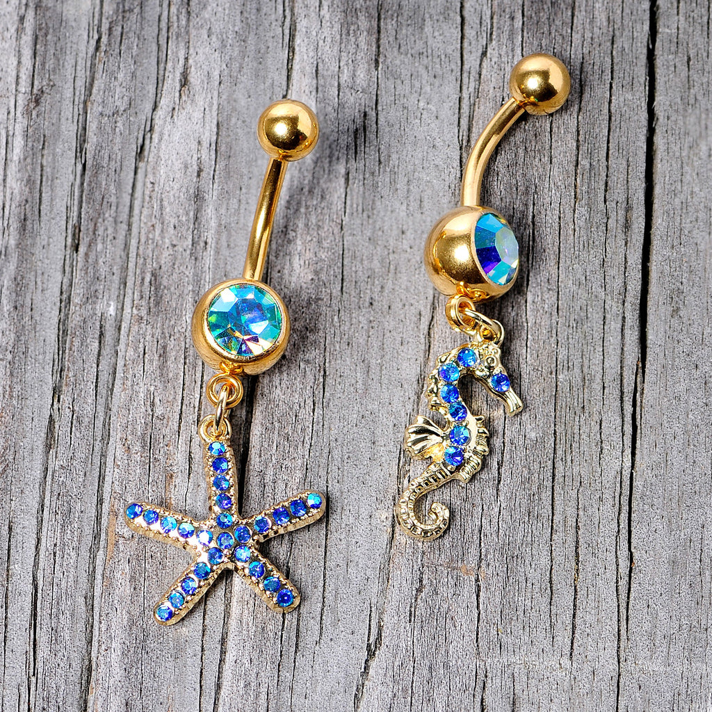 Blue Gem Gold Tone Starfish Seahorse Nautical Belly Ring Set of 2