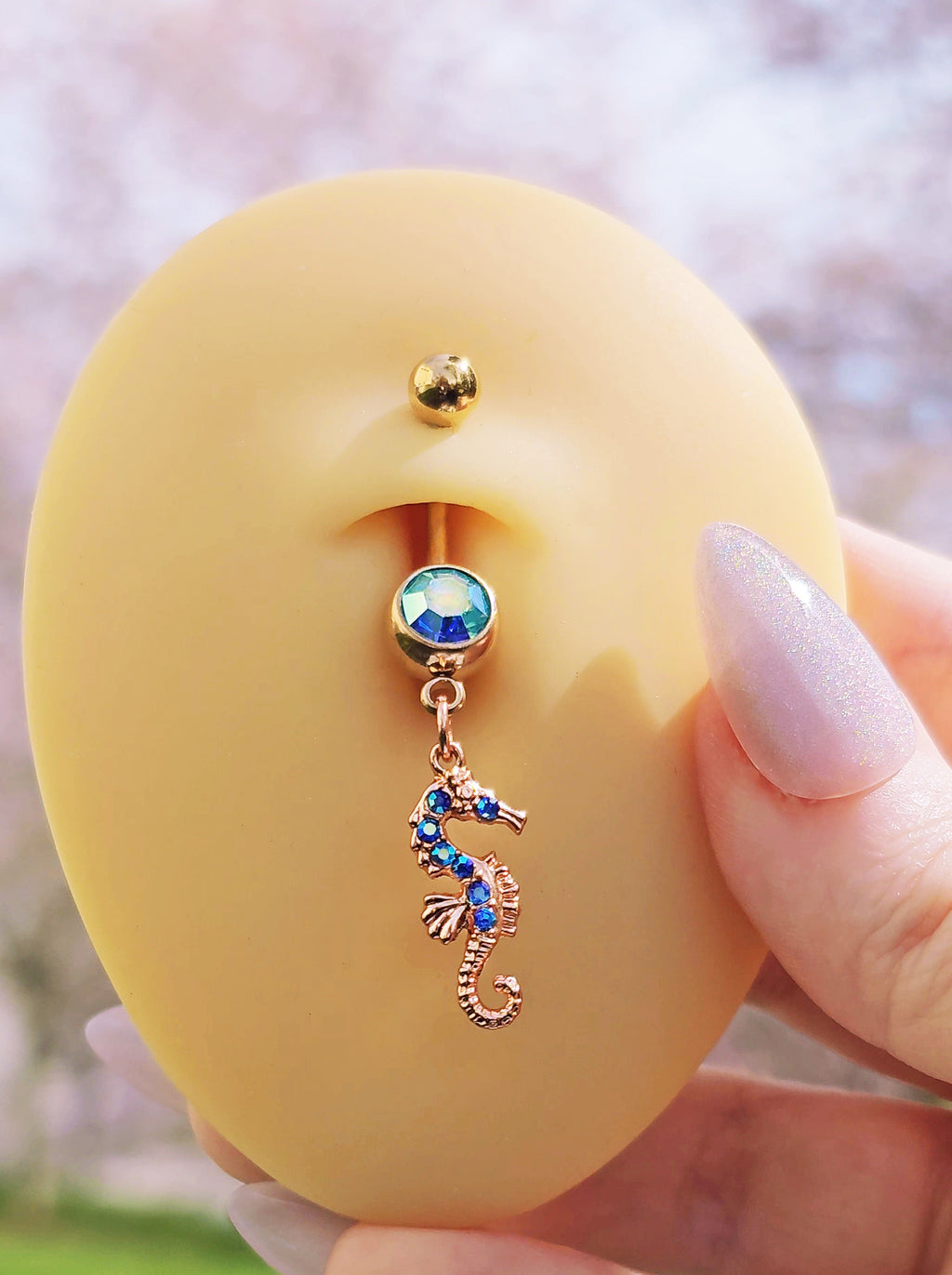 Blue Gem Rose Gold Tone Starfish Seahorse Nautical Belly Ring Set of 2