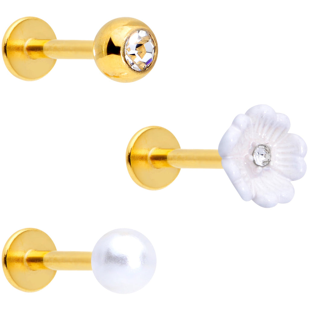 16G 5/16 Clear Gem Gold Tone Flower Labret Tragus Set of 3