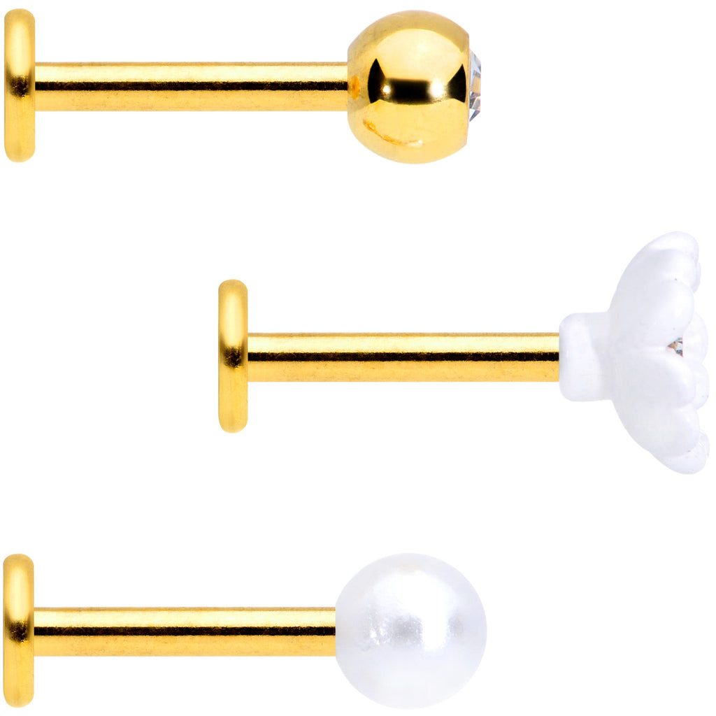 16G 5/16 Clear Gem Gold Tone Flower Labret Tragus Set of 3