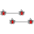 14G 5/8 Red Gem Holly Leaf Holiday Barbell Nipple Ring Set
