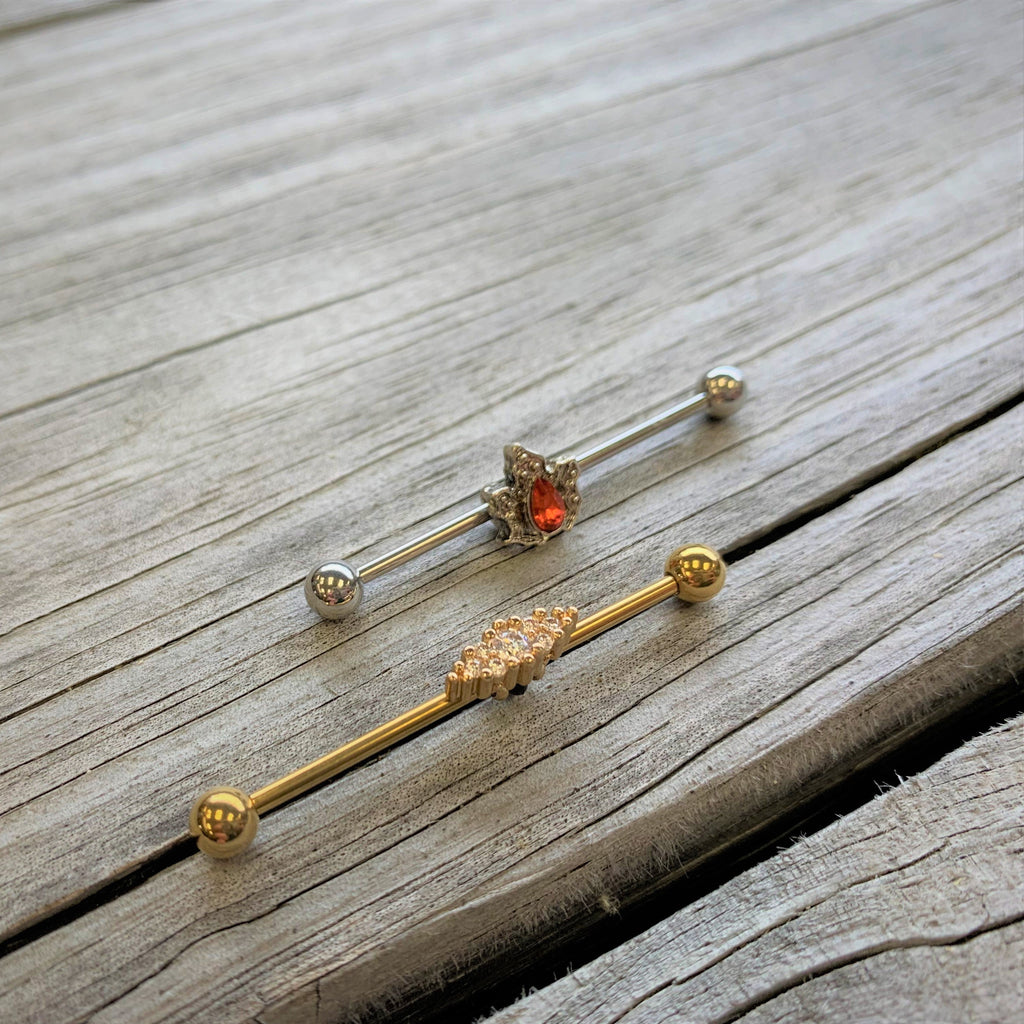 14G Clear CZ Gem Gold Tone Texture Industrial Barbell 38mm
