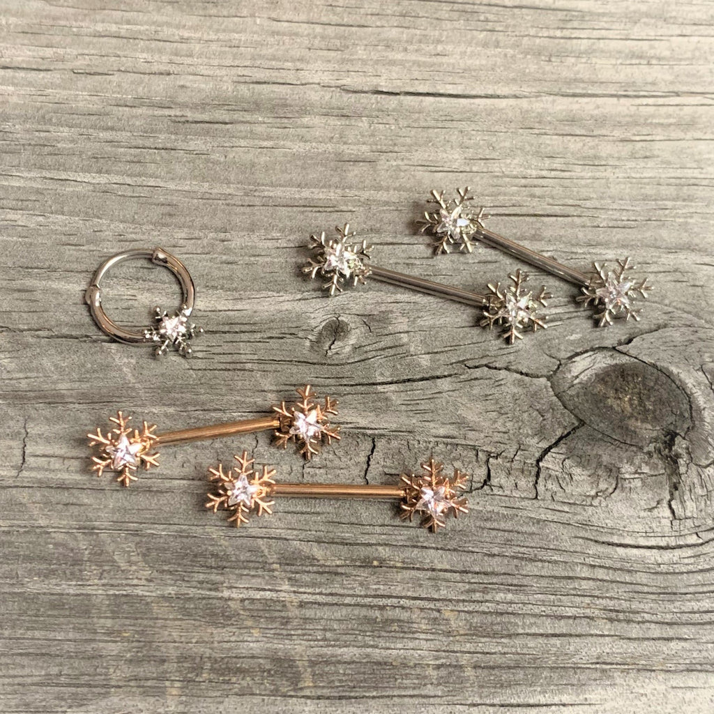 14G 5/8 Clear Gem Snowflake Barbell Nipple Ring Set