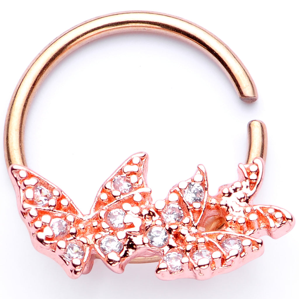 16G 3/8 Clear CZ Gem Rose Gold Tone Trio Butterfly Seamless Ring