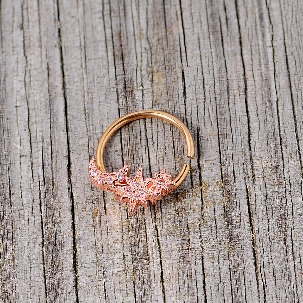 16G 3/8 Clear CZ Gem Rose Gold Tone Moon Stars Closure Ring