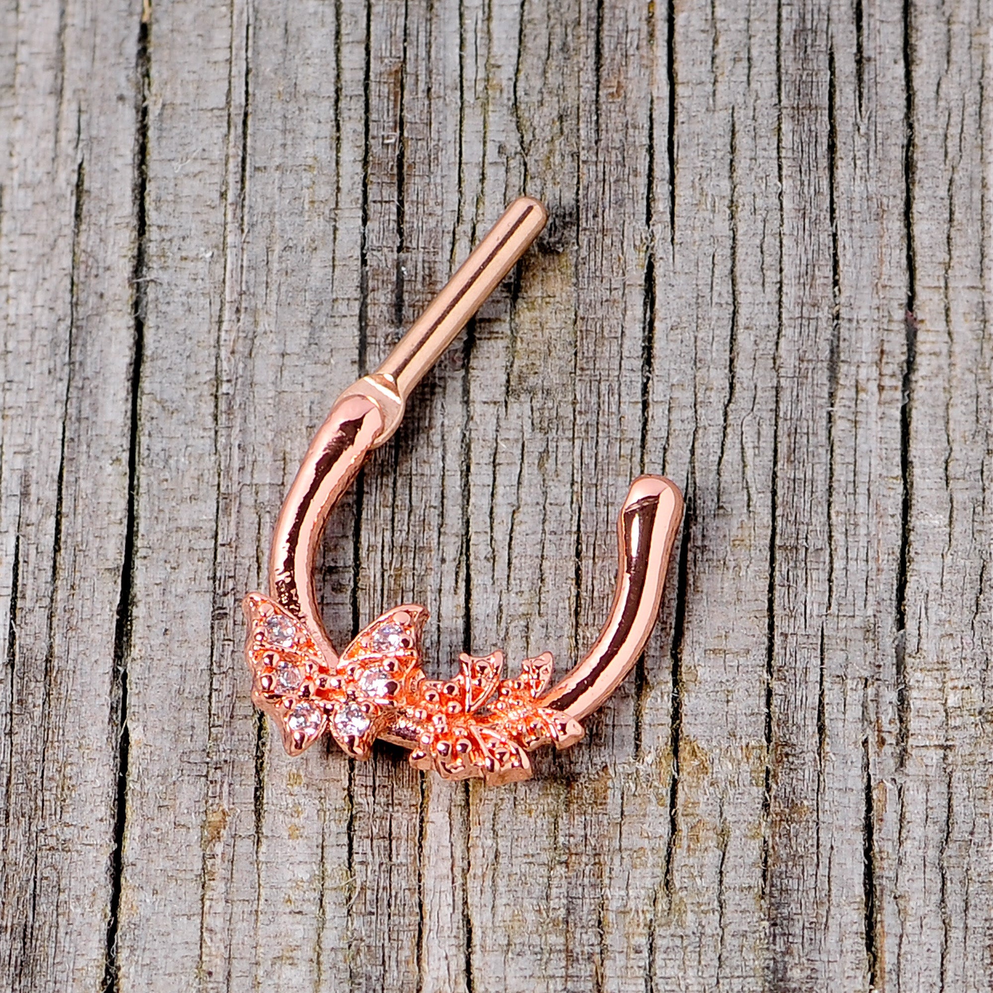 16G 1/4 Clear CZ Gem Rose Gold Tone Butterfly Cartilage Clicker