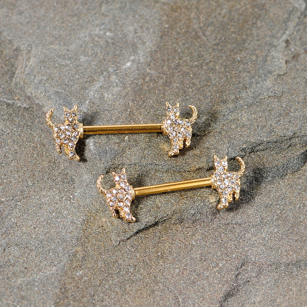 14G 9/16 Clear Gem Gold Tone Glamour Cat Barbell Nipple Ring Set