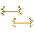 14G 9/16 Blue Gem Gold Tone Leaping Cat Barbell Nipple Ring Set