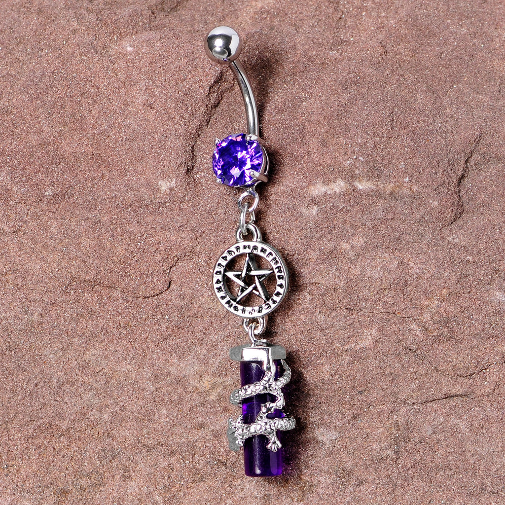 Purple CZ Gem Witch Way Dragon Pentagram Dangle Belly Ring