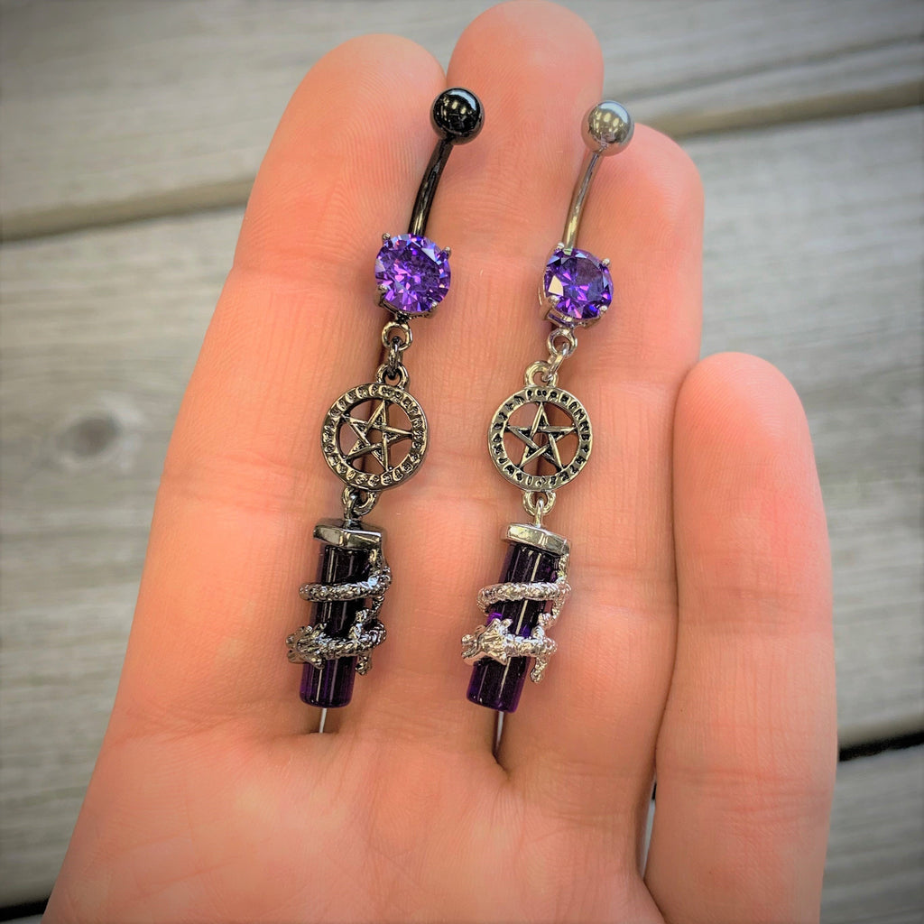Purple CZ Gem Witch Way Dragon Pentagram Dangle Belly Ring