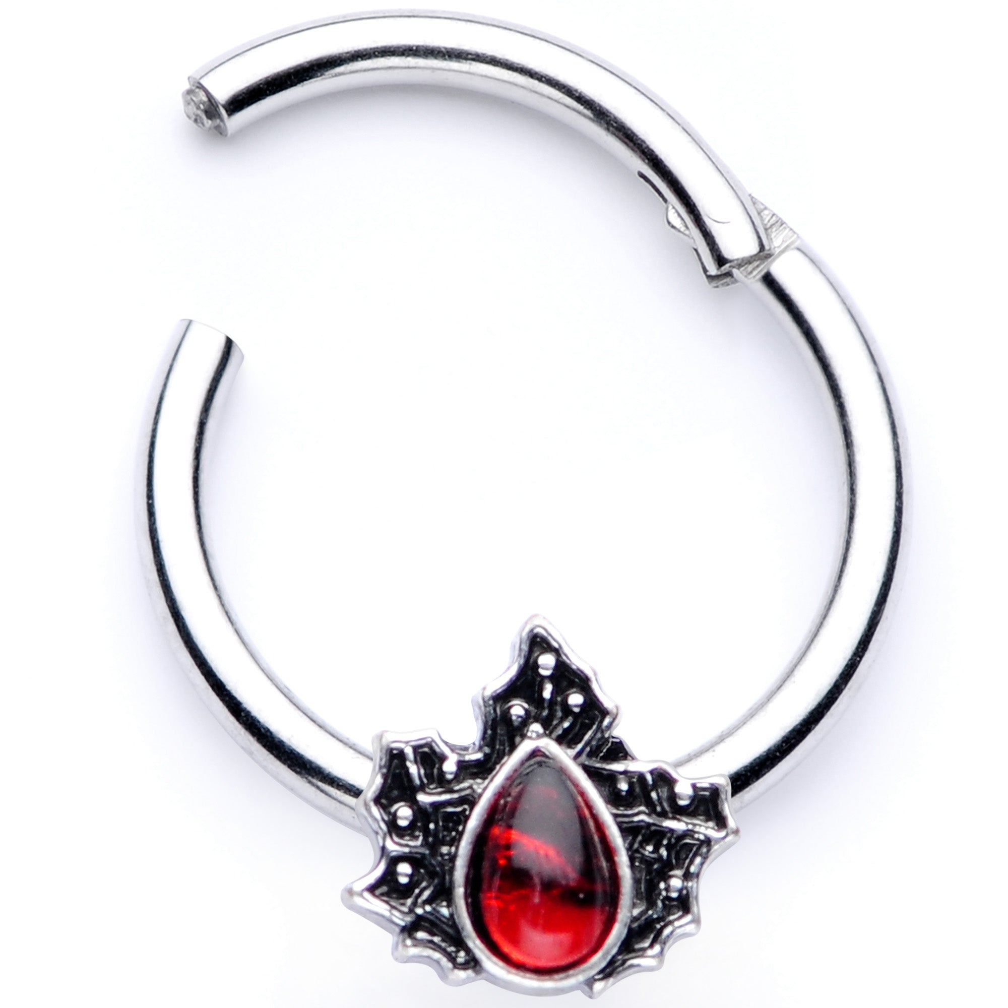16G 3/8 Red Gem Holly Leaf Holiday Hinged Segment Ring