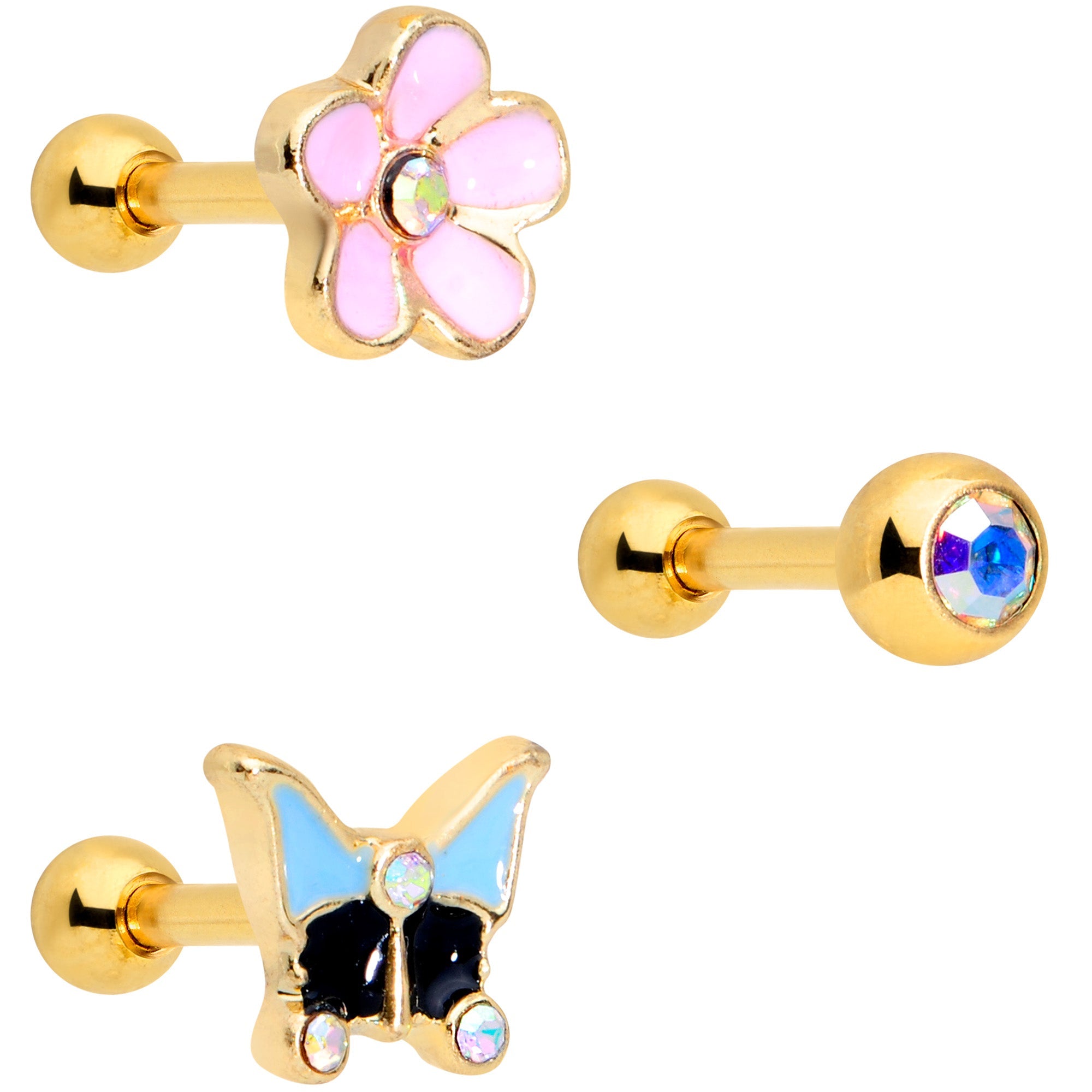 16G 1/4 Aurora Gem Gold Tone Flower Cartilage Tragus Set of 3