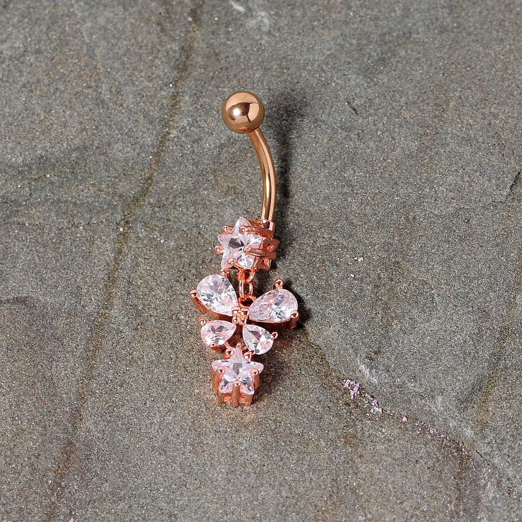 Clear Gem Rose Gold Tone Star and Bow Dangle Belly Ring
