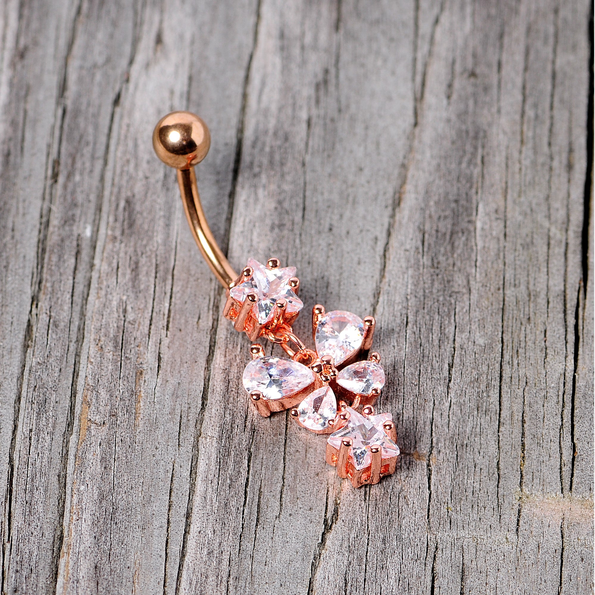 Clear Gem Rose Gold Tone Star and Bow Dangle Belly Ring