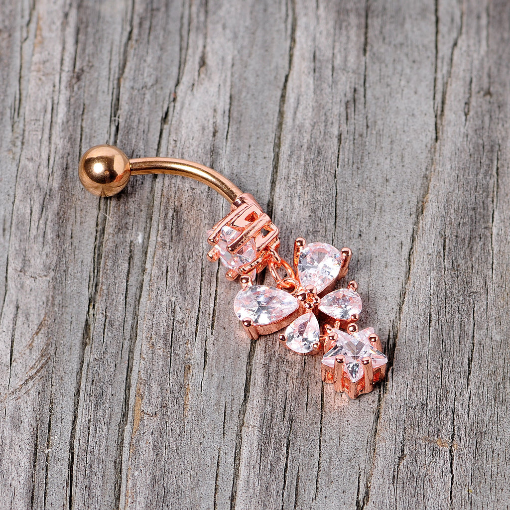 Clear Gem Rose Gold Tone Star and Bow Dangle Belly Ring