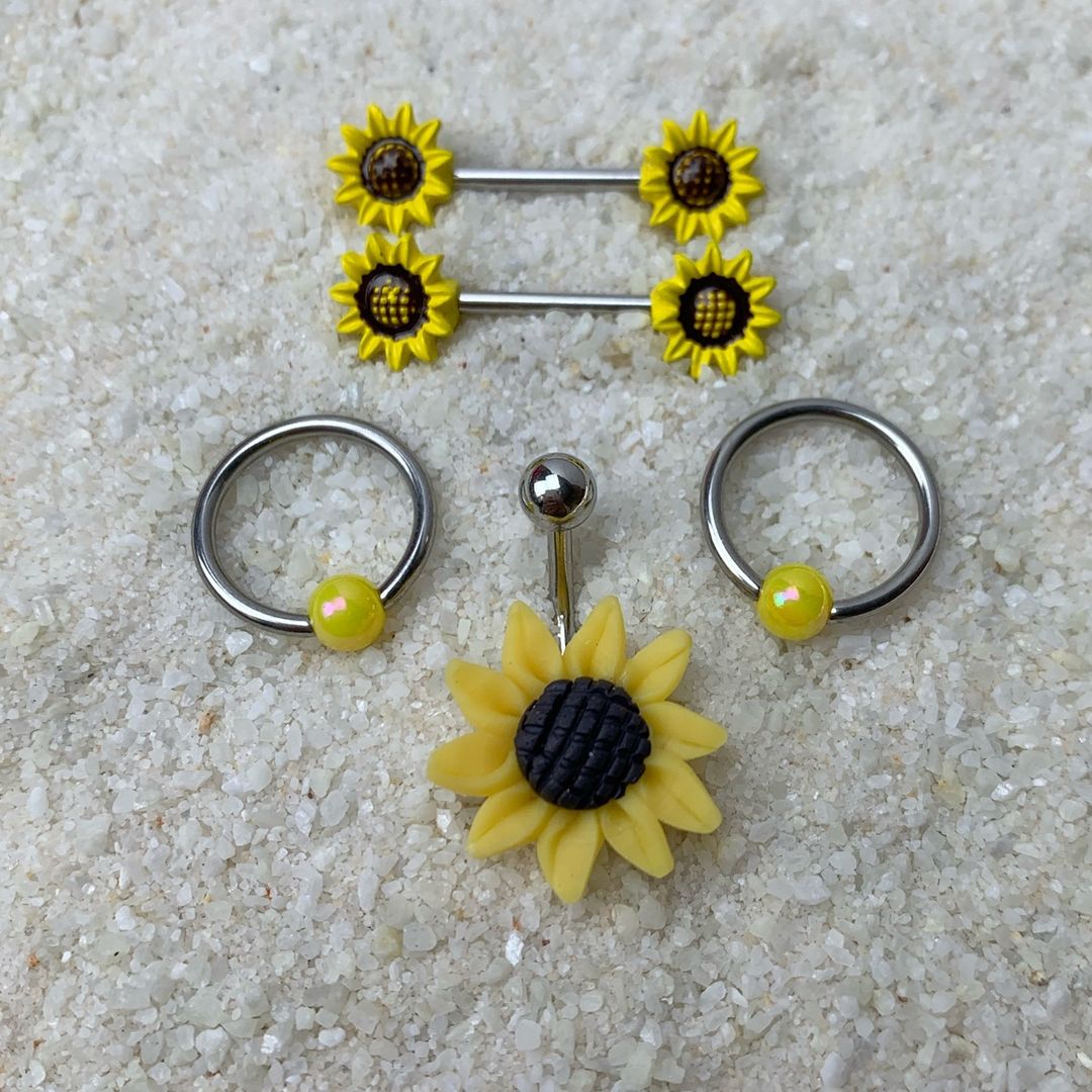 14G 9/16 1/2 Yellow Sunflower UV BCR Barbell Nipple Ring Set of 4