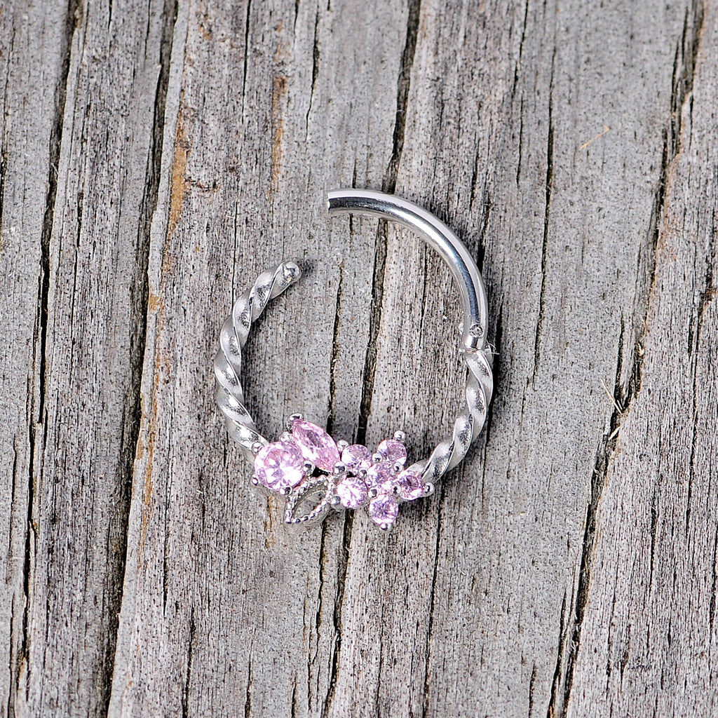 16G 3/8 Pink Gem Star Twisted Hinged Segment Ring