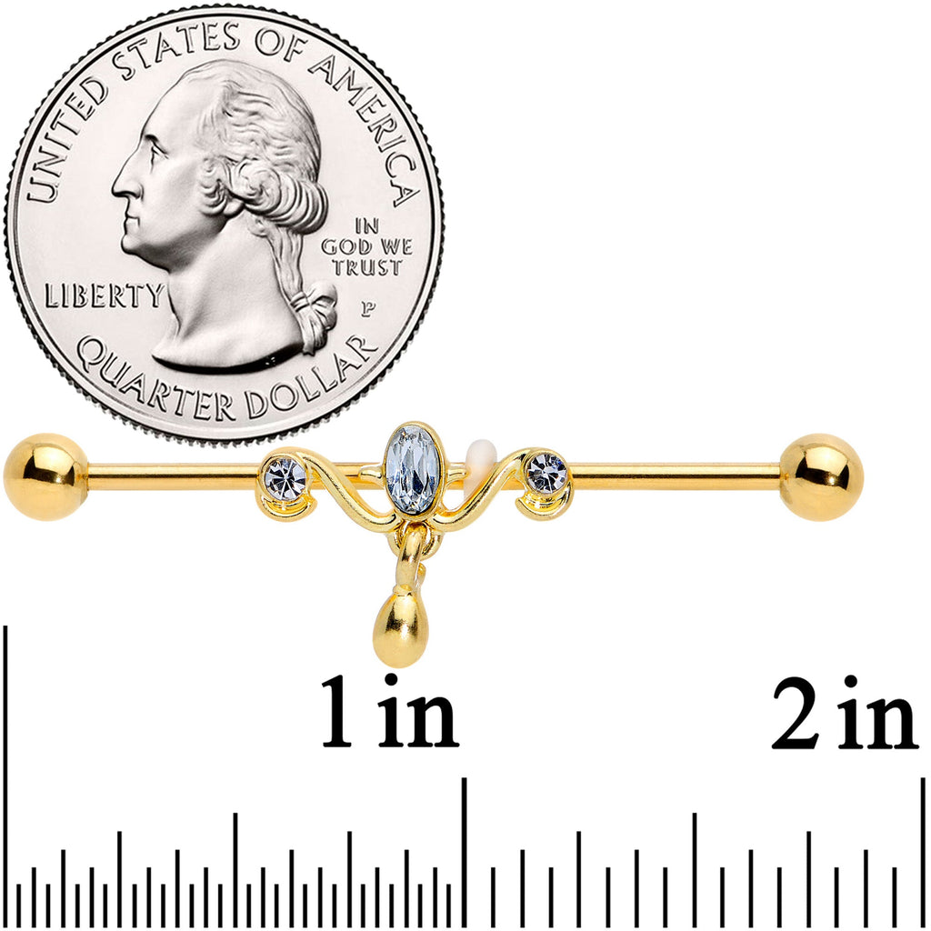 14G Clear Gem Gold Tone Drop Dangle Industrial Barbell 38mm